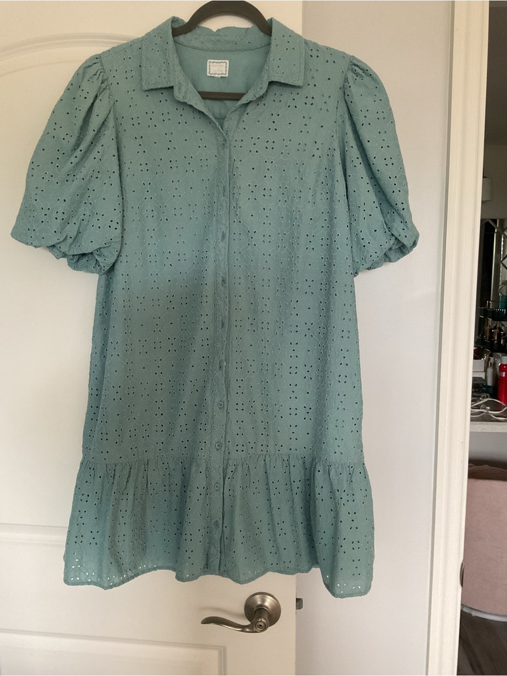 crown & ivy Seafoam Green Eyelet Puff-Sleeve Mini Dress size M